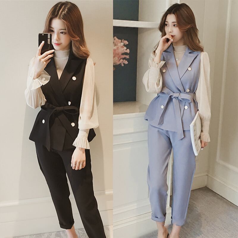 【set】美人度アップ!韓国系スウィート洋気ベスト+シャツ+パンツセットアップ G2087