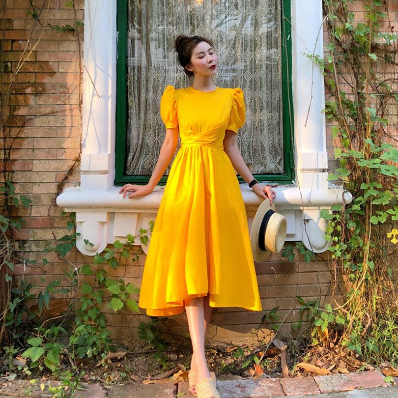 【dress】一目惚れ！ラウンドネック半袖パフ袖体型カバーファッション無地ワンピースF0627