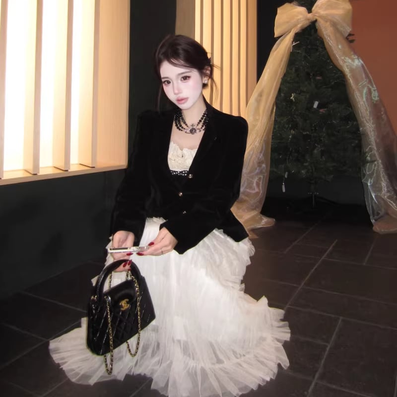 【outer】Vネックベルベットコート Q7903