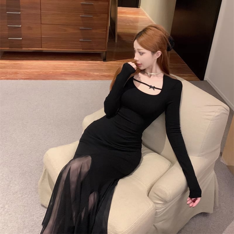 【dress】チュールドッキングロングワンピース Q7017