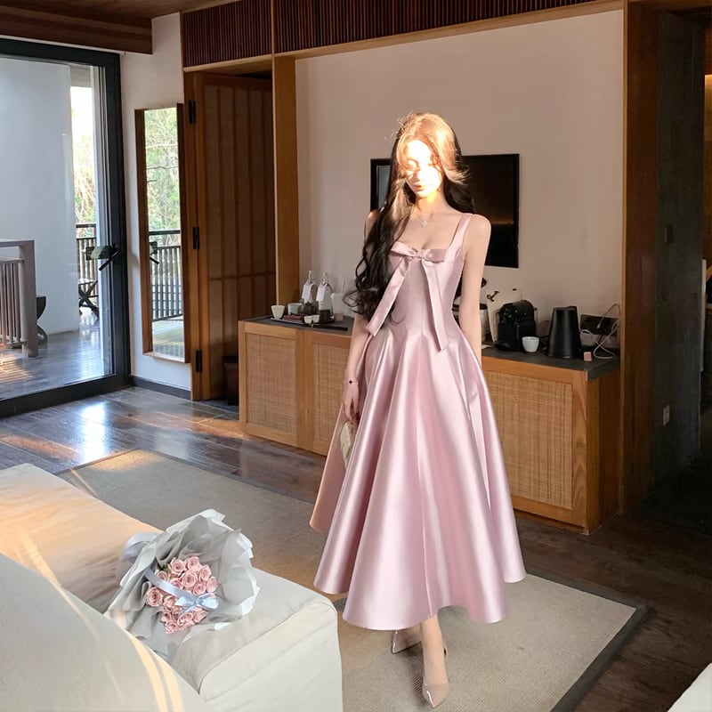 【dress】リボン付きフレアロングキャミワンピース Q8380
