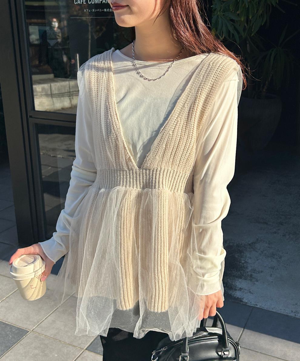 【tops】Vネックチュールコンビニットベスト　M28580
