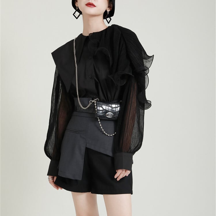 【tops】フリル不規則 イレギュラーシャツブラウス　M29334