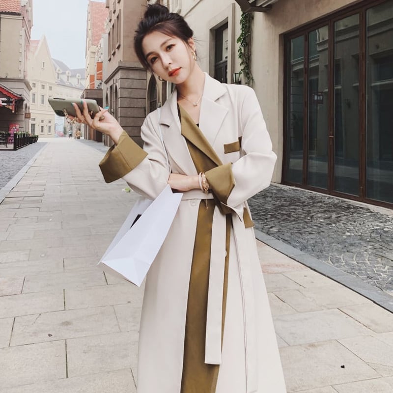 【outer】美人度アップ!ファッション魅力的上品な質感エレガントロング丈トレンチコート G2777