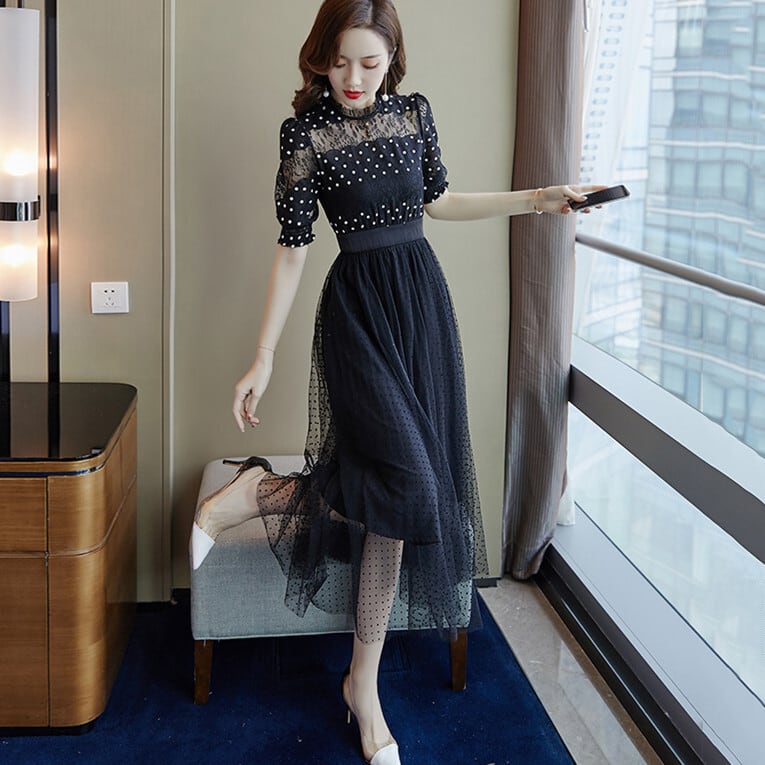 【dress】好感度UP!気質満点フェミニンレース体型カバードット柄ワンピース G0506