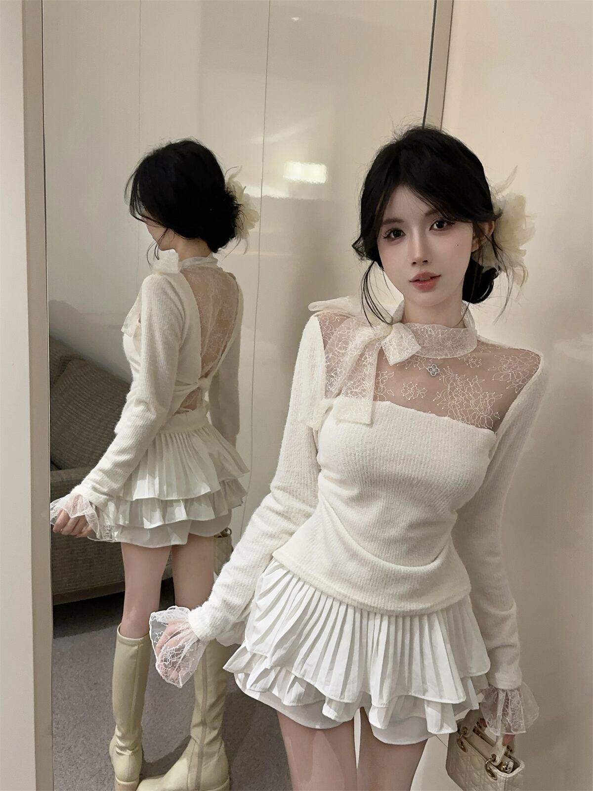 【tops】レースドッキングニットトップス　N2909