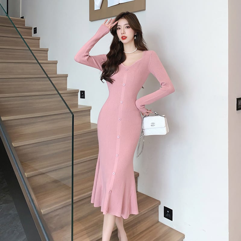 【dress】Vネックニットワンピース Q7665