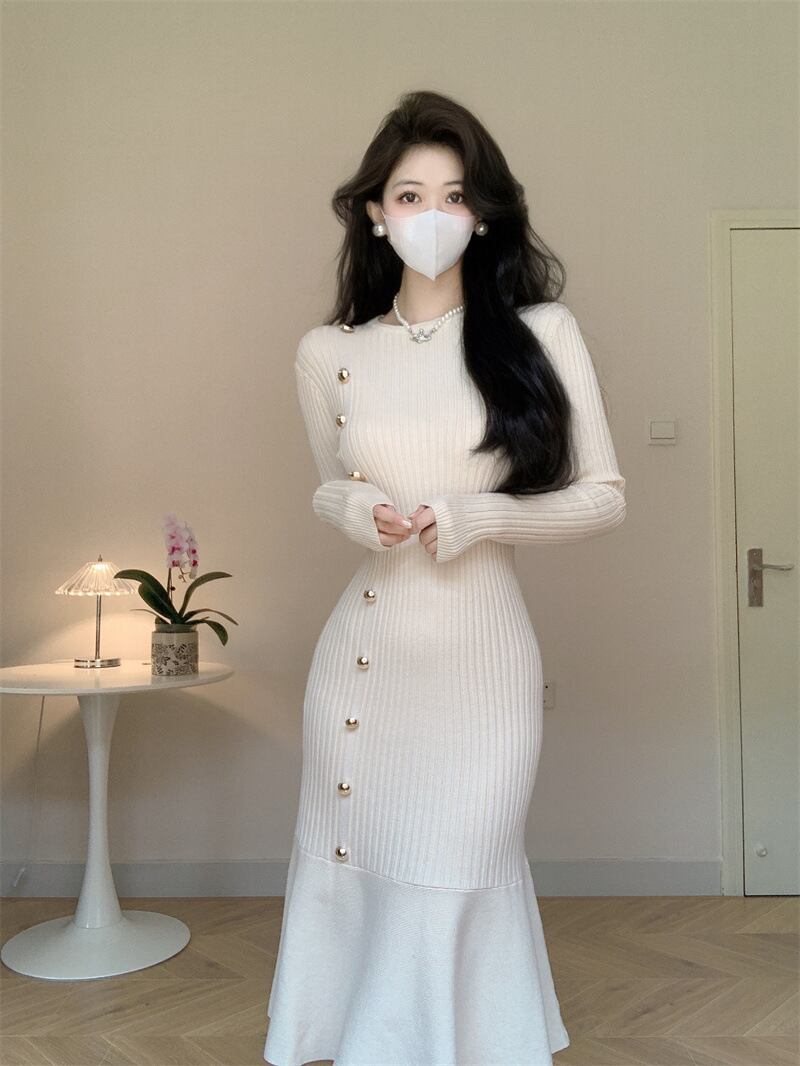 【dress】ボタンデザインマーメイドニットワンピース　M18048