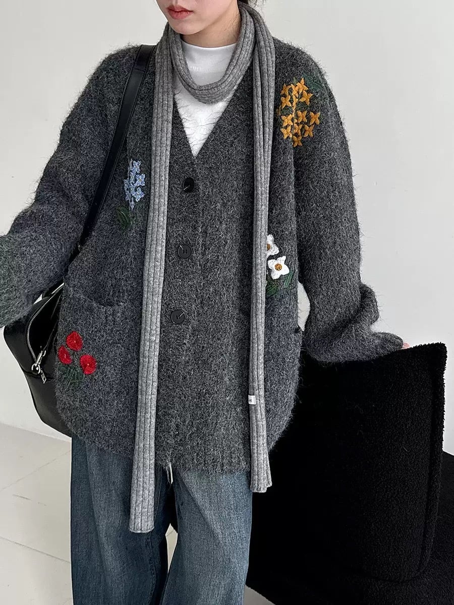 【outer】フラワー刺繡ニットカーディガン Q6972