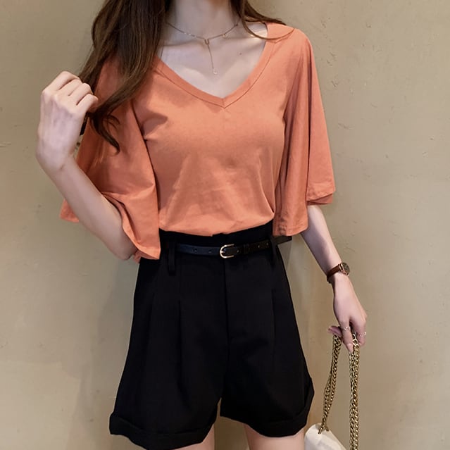 【tops】美人度アップVネック半袖ファッションフレアスリーブ無地着回しTシャツF0001