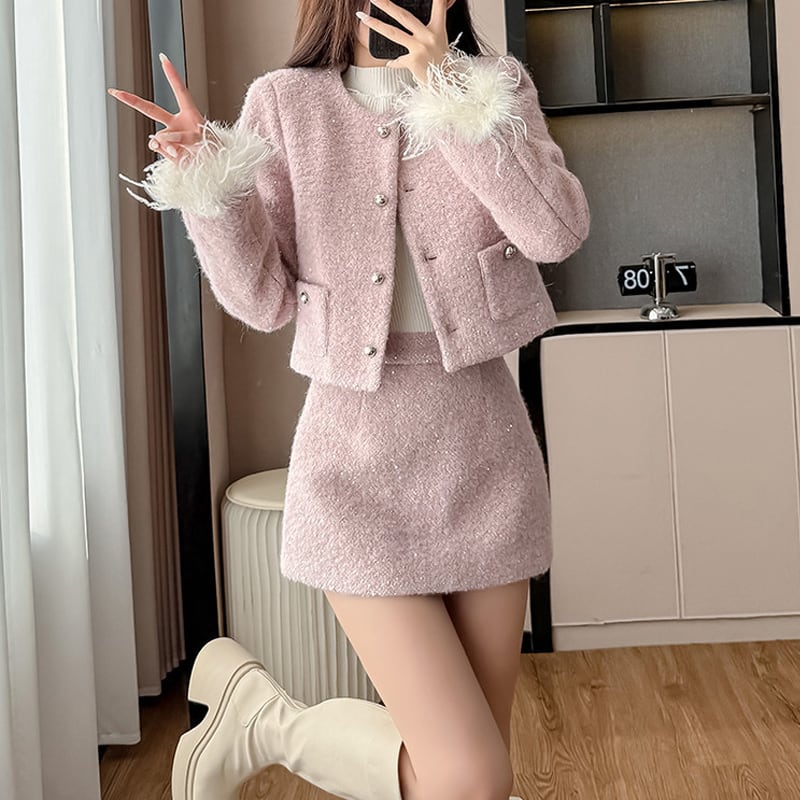 【set】袖ファーコート×ミニスカートセット Q7684