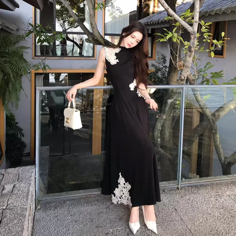 【dress】レースドッキングノースリーブニットワンピース Q8403