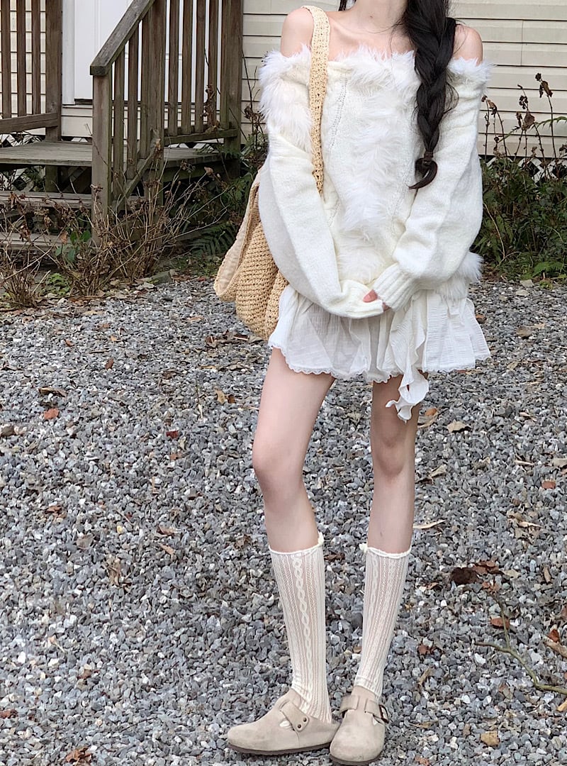 【tops】ファーオフショルダーニットセーター　M29444