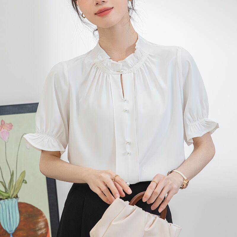 【tops】フリルスタンドネックOL通勤ブラウスG21076