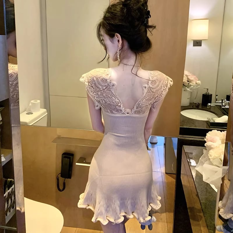 【dress】ノースリーブレースドッキングミニワンピース Q8469