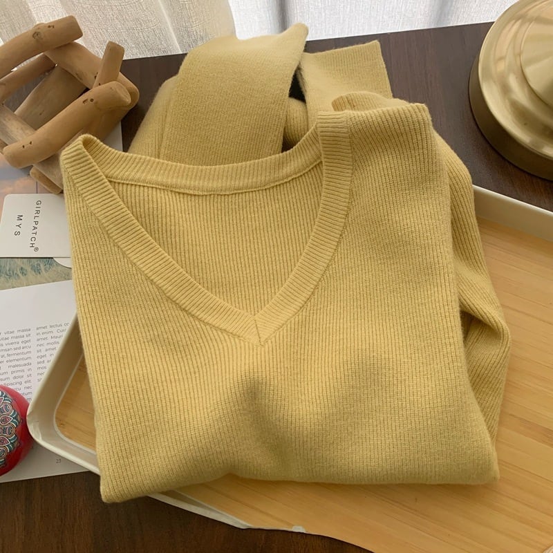 【tops】Vネックニット長袖Tシャツ　M29415