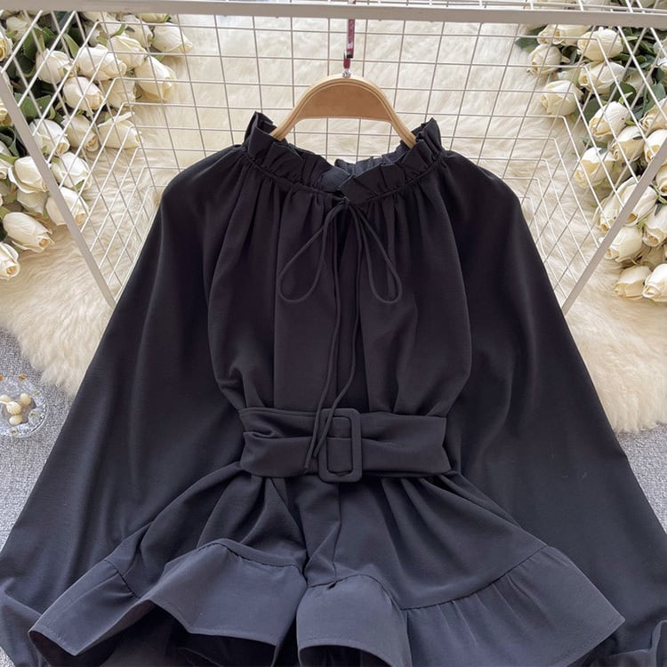 【tops】ウェスト絞りフリルブラウスF6982