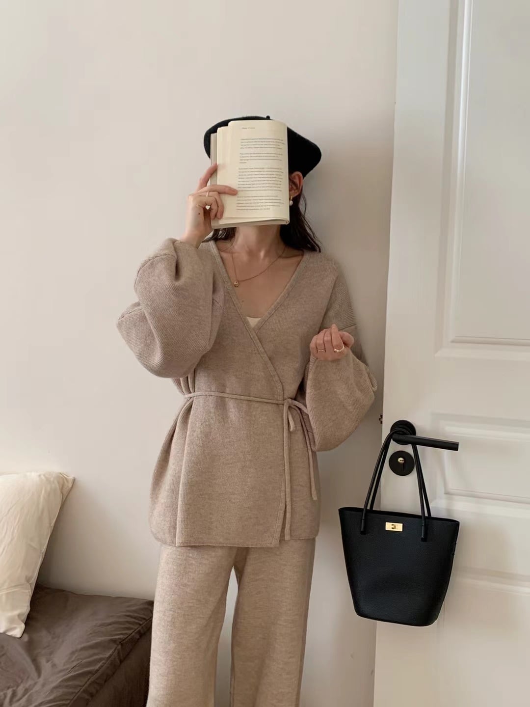 【set】カシュクールニットトップス×ワイドパンツセット　N2765