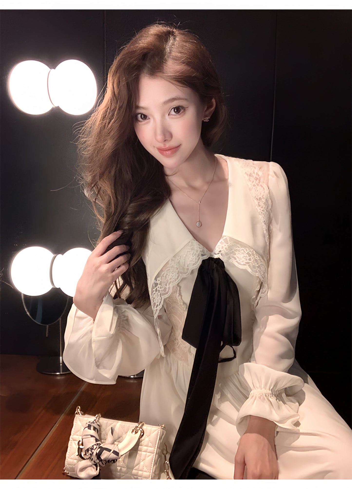 【dress】ビッグリボンレースドッキングロングワンピース　N3316