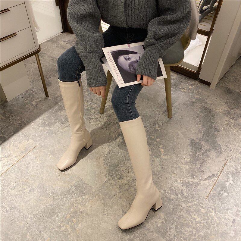 【shoes】店長推薦3色秋冬定番ロングブーツ美脚OL通勤宴会レトロスクエアトゥ履きやすいレディースチャンキーヒールブーツF1216