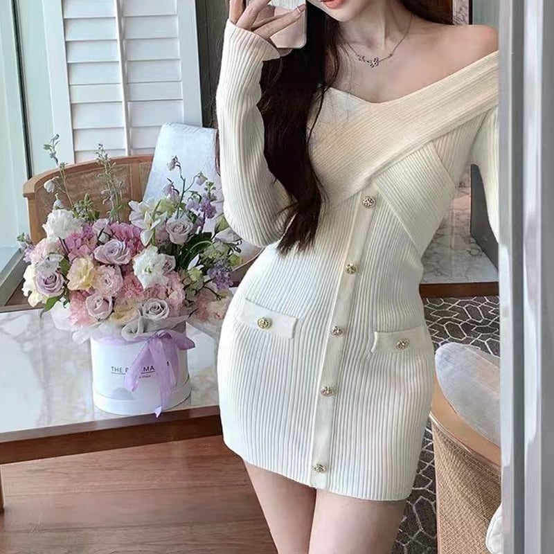 【dress】オフショルダーニットワンピース Q7594