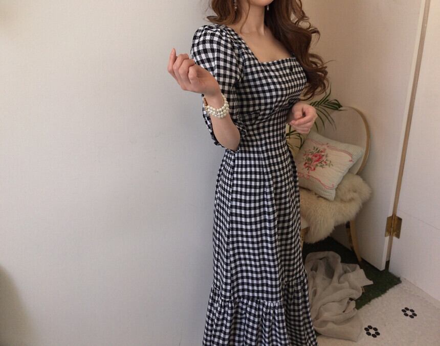 【dress】優しい雰囲気気質満点レトロスクエアネック着痩せ5分袖チェック柄ワンピース G1641