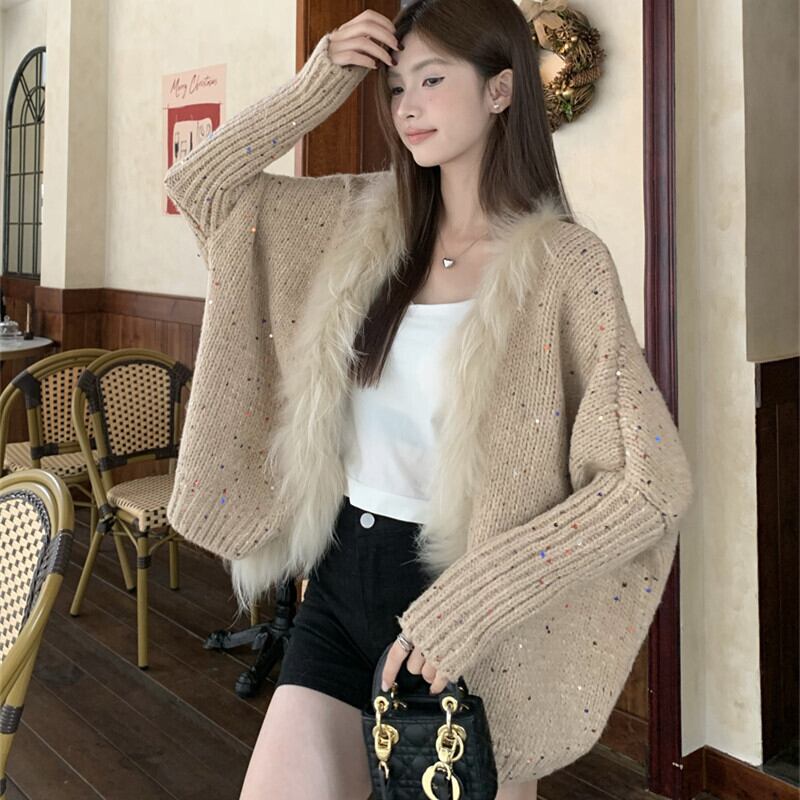 【outer】スパンコールファーニットカーデ　M28409