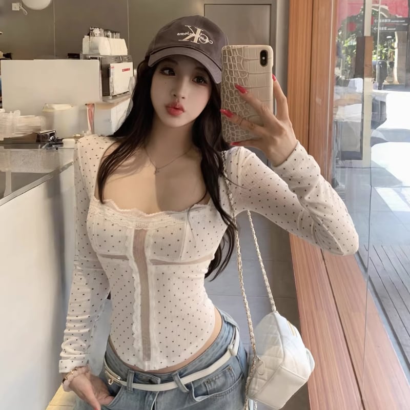【tops】レースドッキングスクエアネックトップス Q8276
