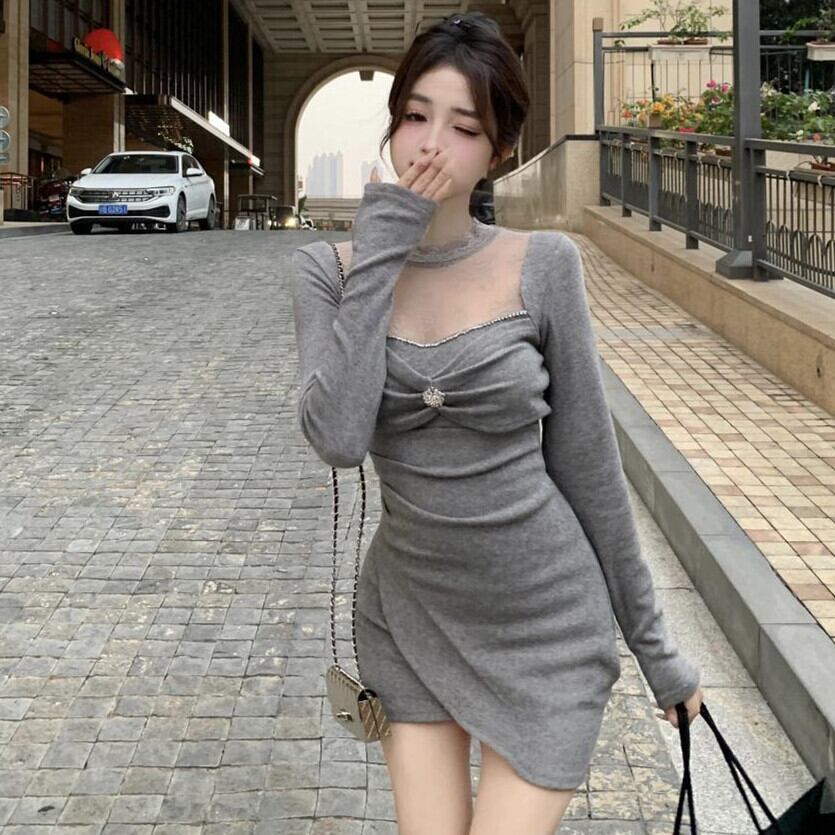 【dress】レース切り替えニットワンピース　M27692