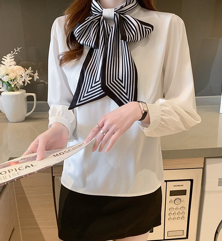 【tops】オシャレ度満点〜2色タイカラー長袖韓国風配色おしゃれ着回しブラウスF1765