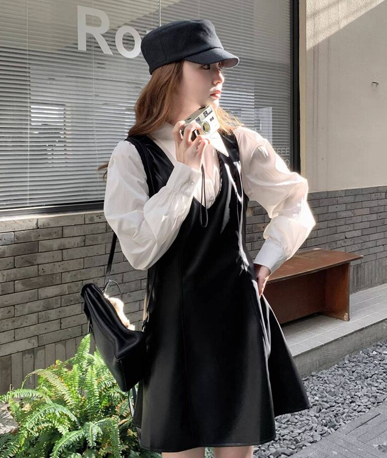 【set】シャツ×PUベストワンピースセット Q8285