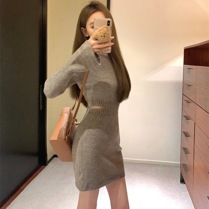 【dress】袖フレアニットワンピースF6748