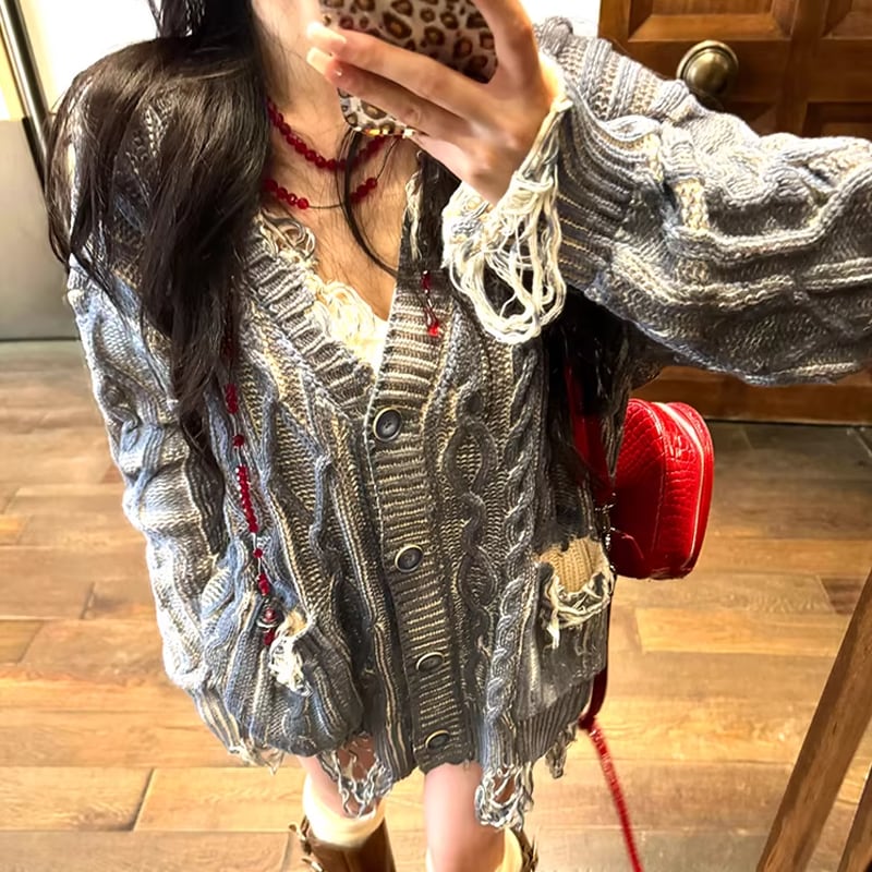 【outer】ダメージ加工ニットカーディガン Q8134