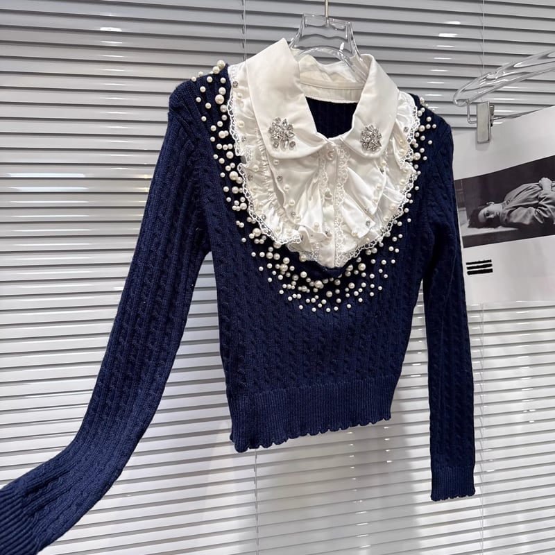 【tops】パール付きフェイクレイヤードニットトップス Q7998