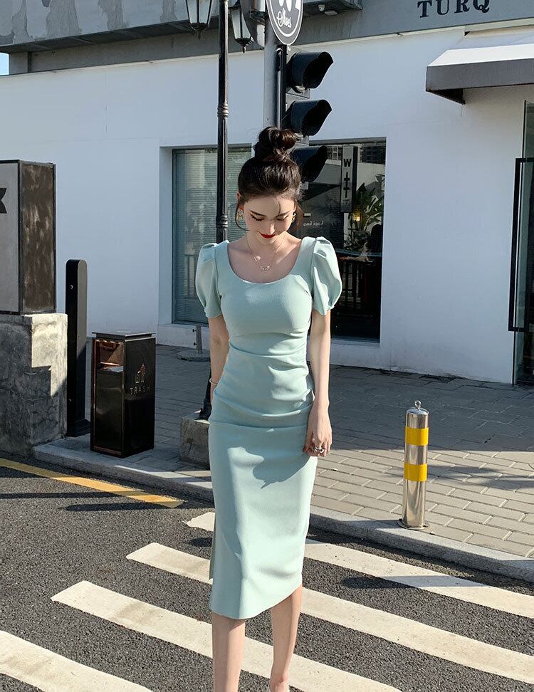 【dress】一目惚れ！韓国風INS風OL通勤スクエアネック半袖パフ袖スリット無地タイトワンピースF2364