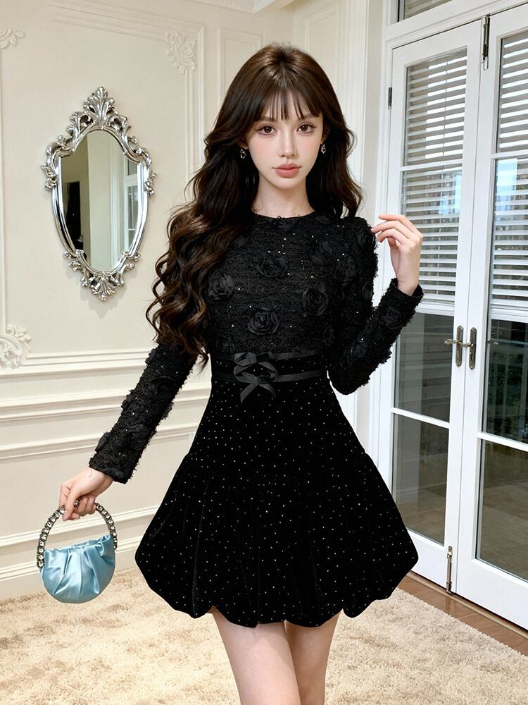 【dress】立体感バラベルベットワンピース Q7506