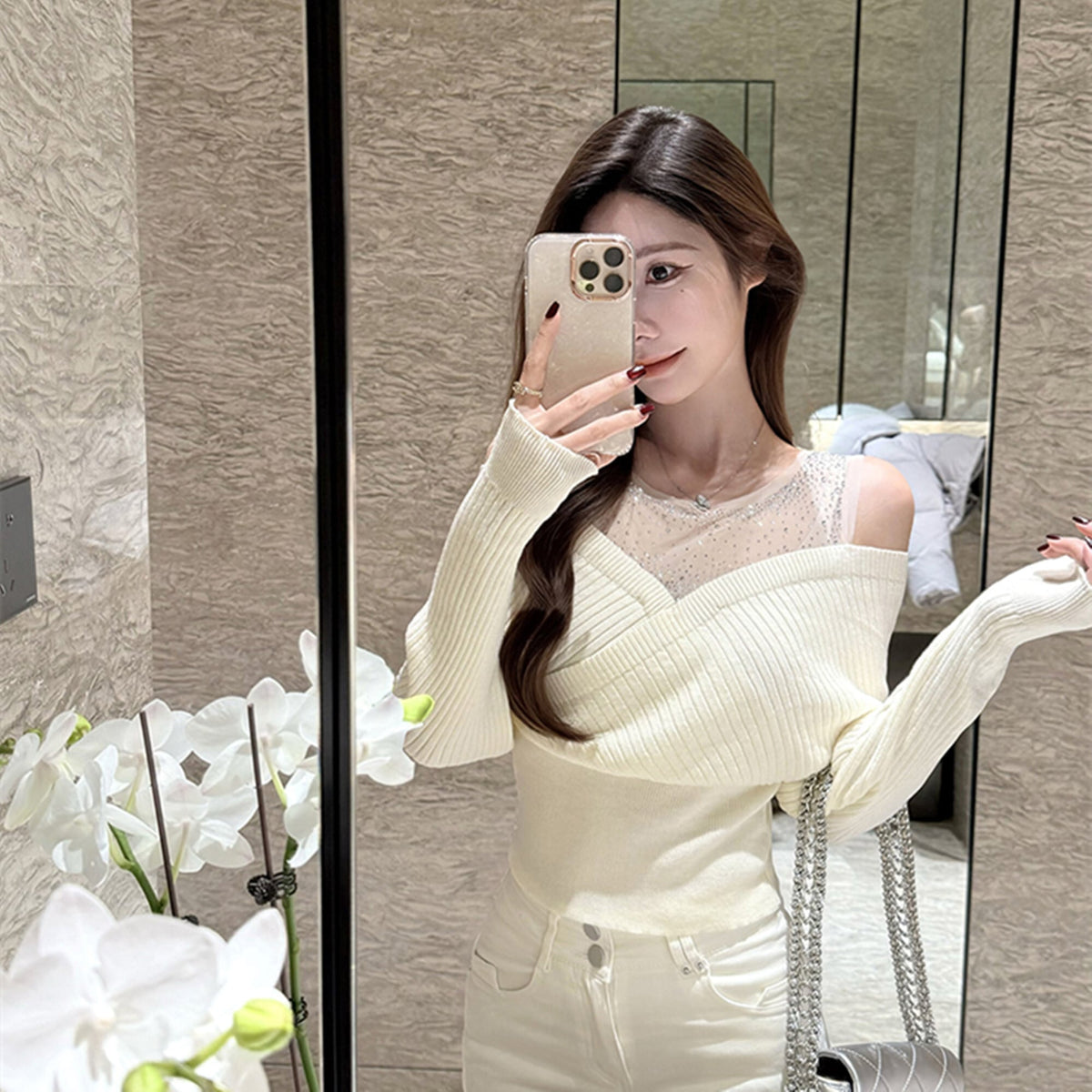 【tops】ラインストーンチュールレイヤードオフショルニット　N3507