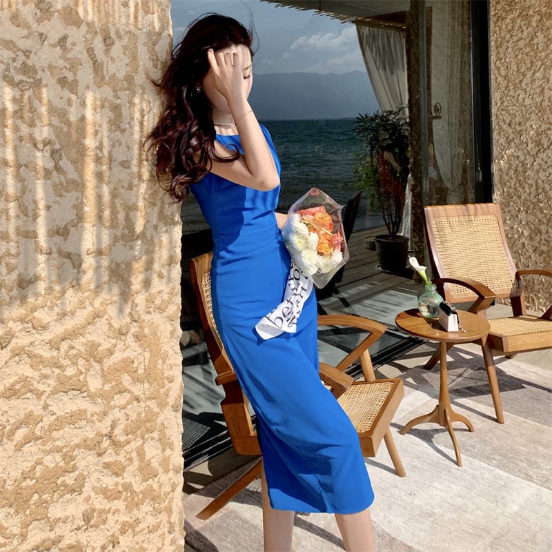 【dress】上品なシルエット!気質満点レトロノースリーブOL通勤ハイウエストワンピース G7444