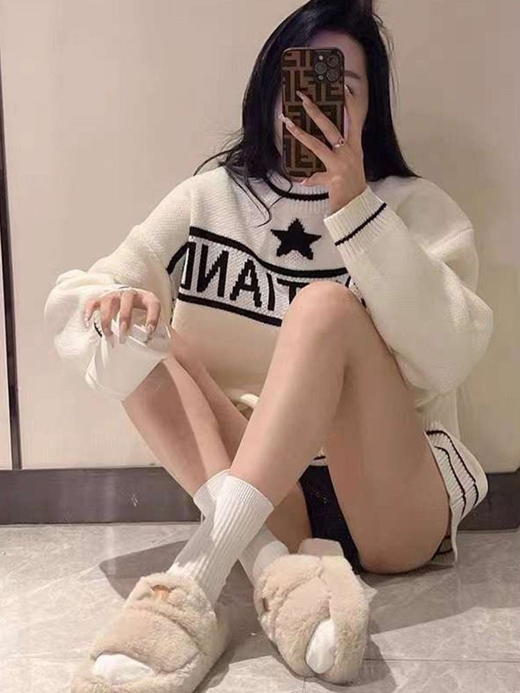 【tops】英字柄長袖ニットセーターF8241