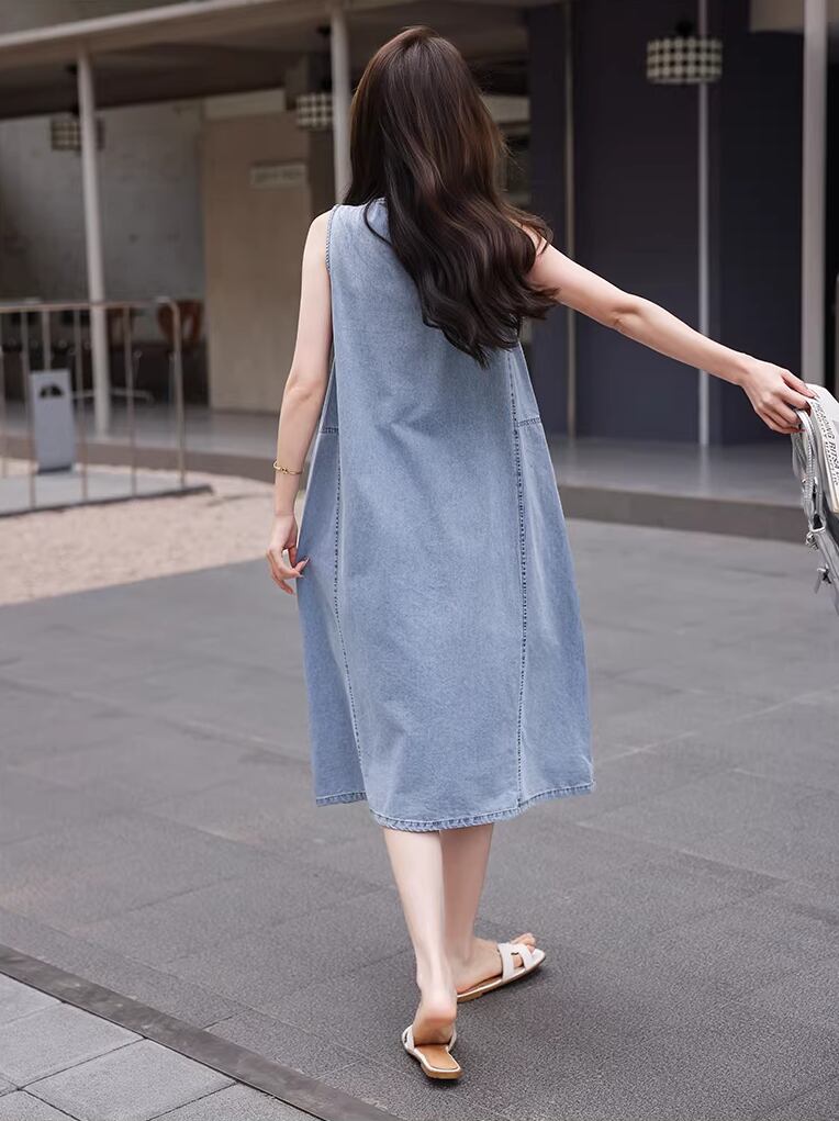 【dress】デニムロングベストワンピース Q8422
