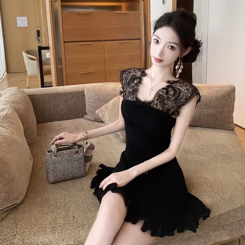 【dress】ノースリーブレースドッキングミニワンピース Q8469