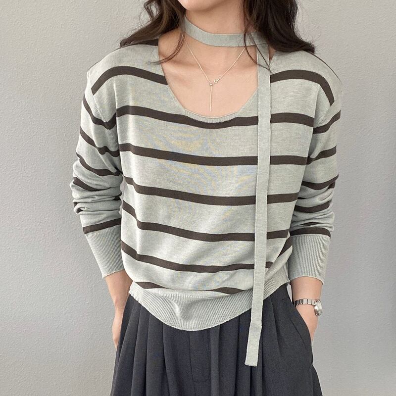 【tops】スカーフ付きボーダー柄ニットトップス Q8284