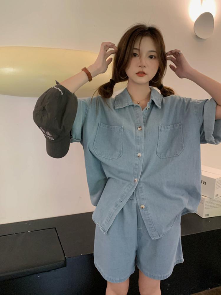 【set】デニムブラウス+ショートパンツ２点セットG21288