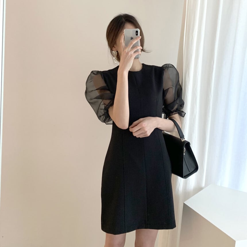 【dress】チュールスリーブ切り替えワンピース　M23986