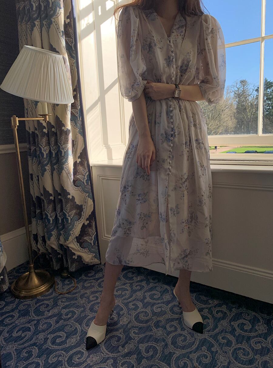 【dress】Vネック花柄シフォンワンピース G20747