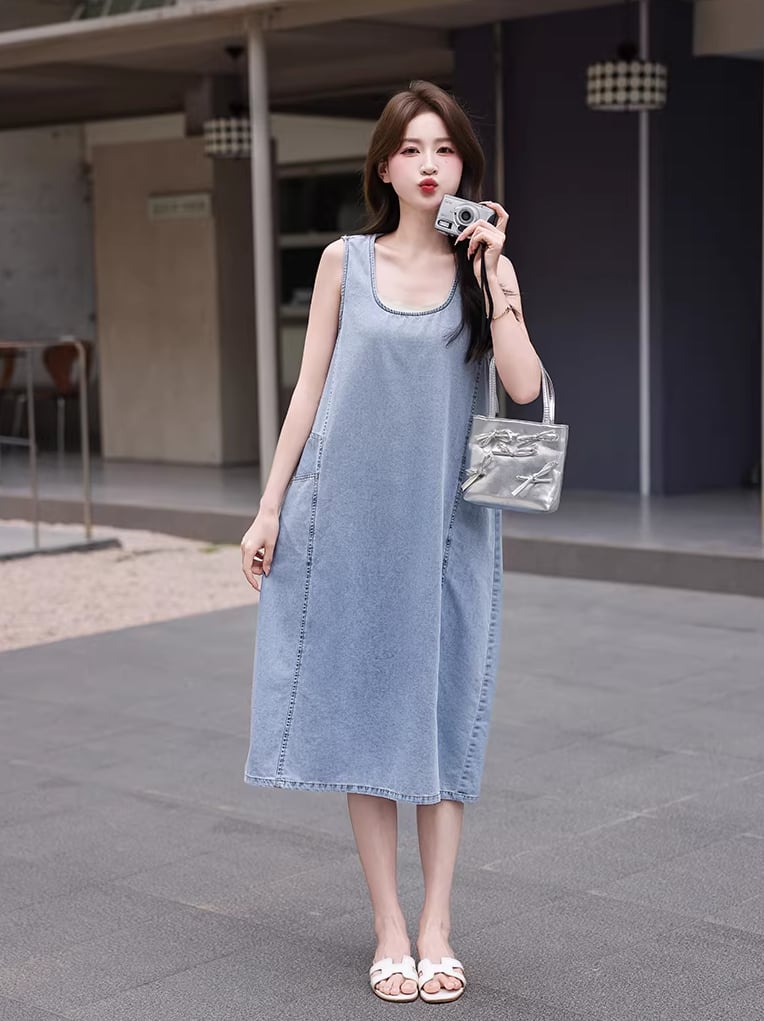【dress】デニムロングベストワンピース Q8422