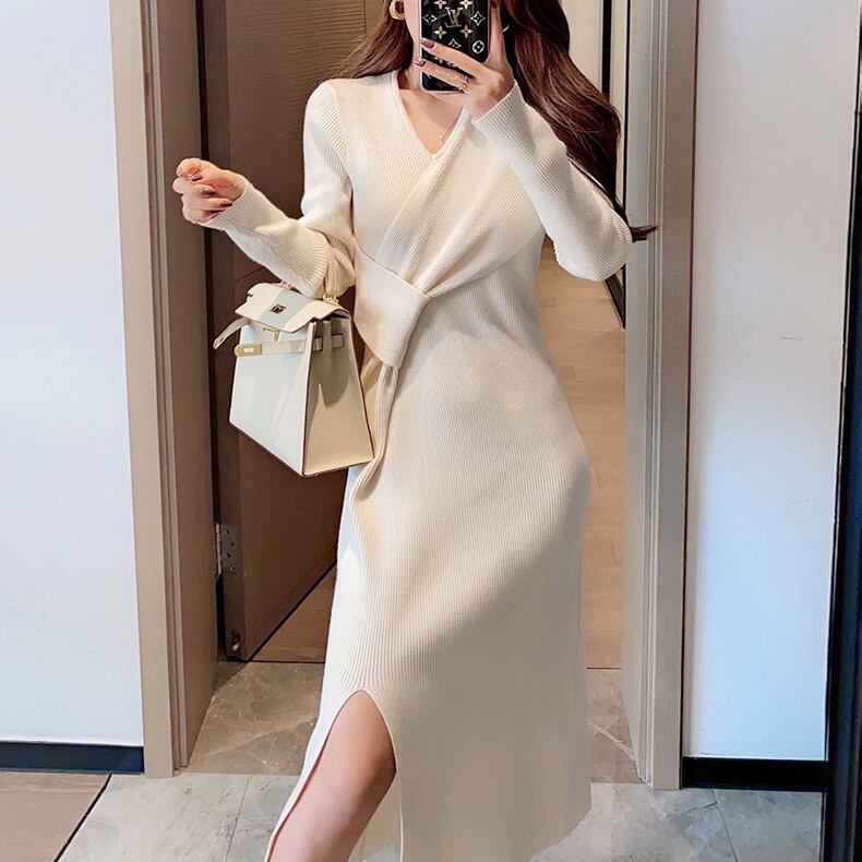 【dress】上品な質感!気質満点レトロ高品質秋冬新作体型カバーニットワンピース G3357