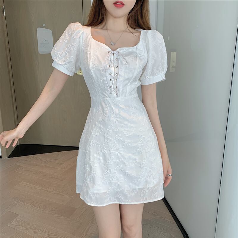 【dress】必ず目を引くスクエアネック半袖花模様Aライン体型カバーワンピース F0410