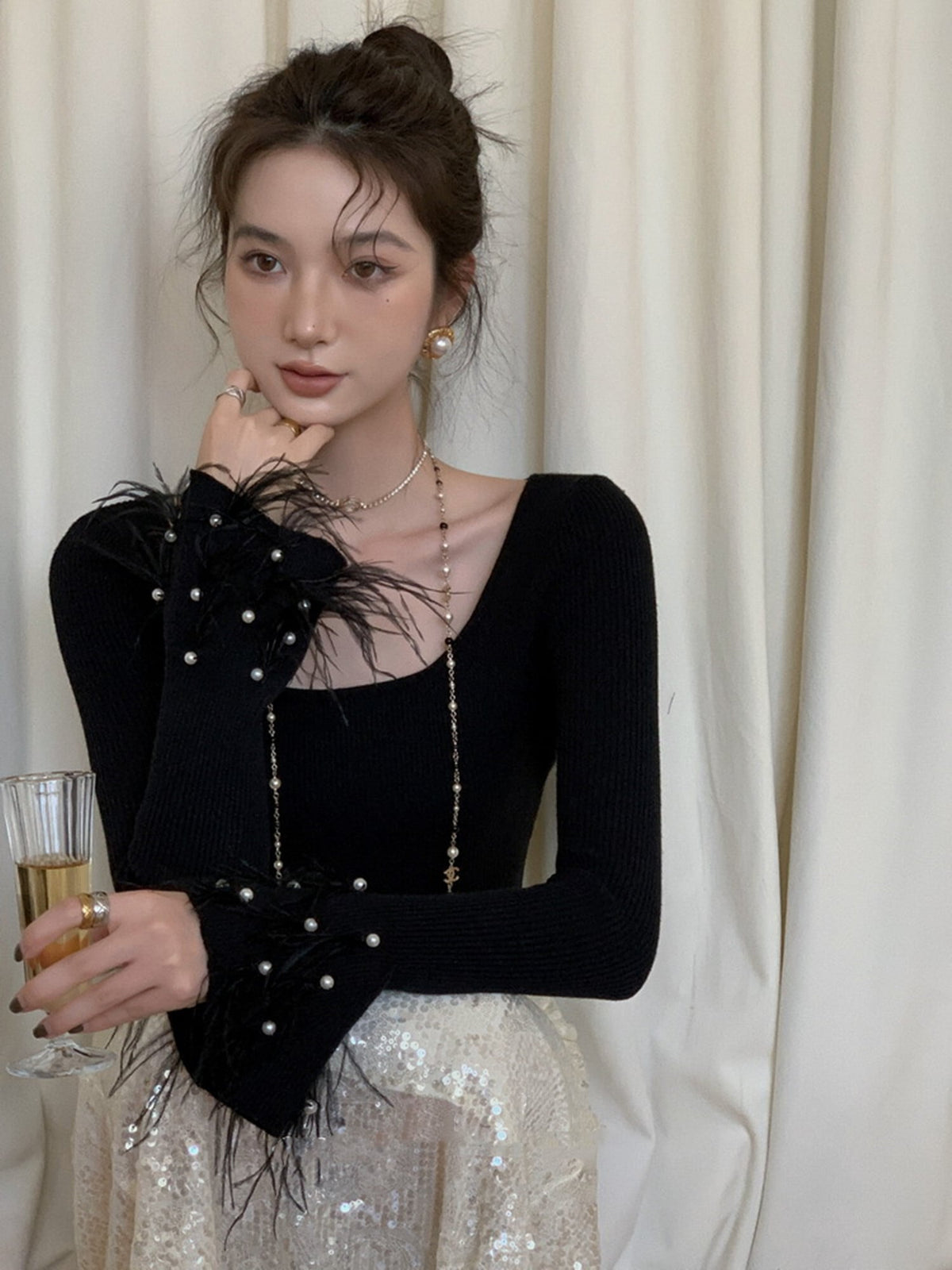【tops】パールベルスリーブニットトップス　N2947