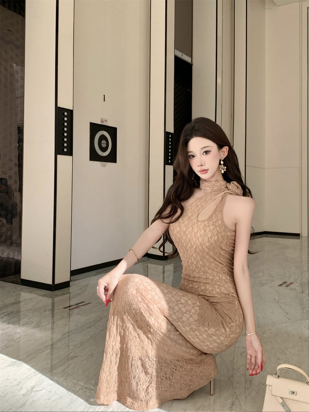 【dress】ワンショルダーレースロングワンピース Q7877